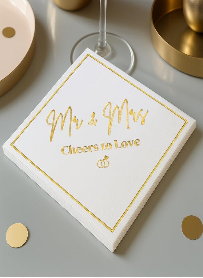 Cloverjoyed Mr and Mrs Wedding Napkins, Elegant Gold Foil White Paper Cocktail Napkin, Disposable Decorations for Weddings, Receptions, Bridal Showers, Bar, 50 Pack - Image 2